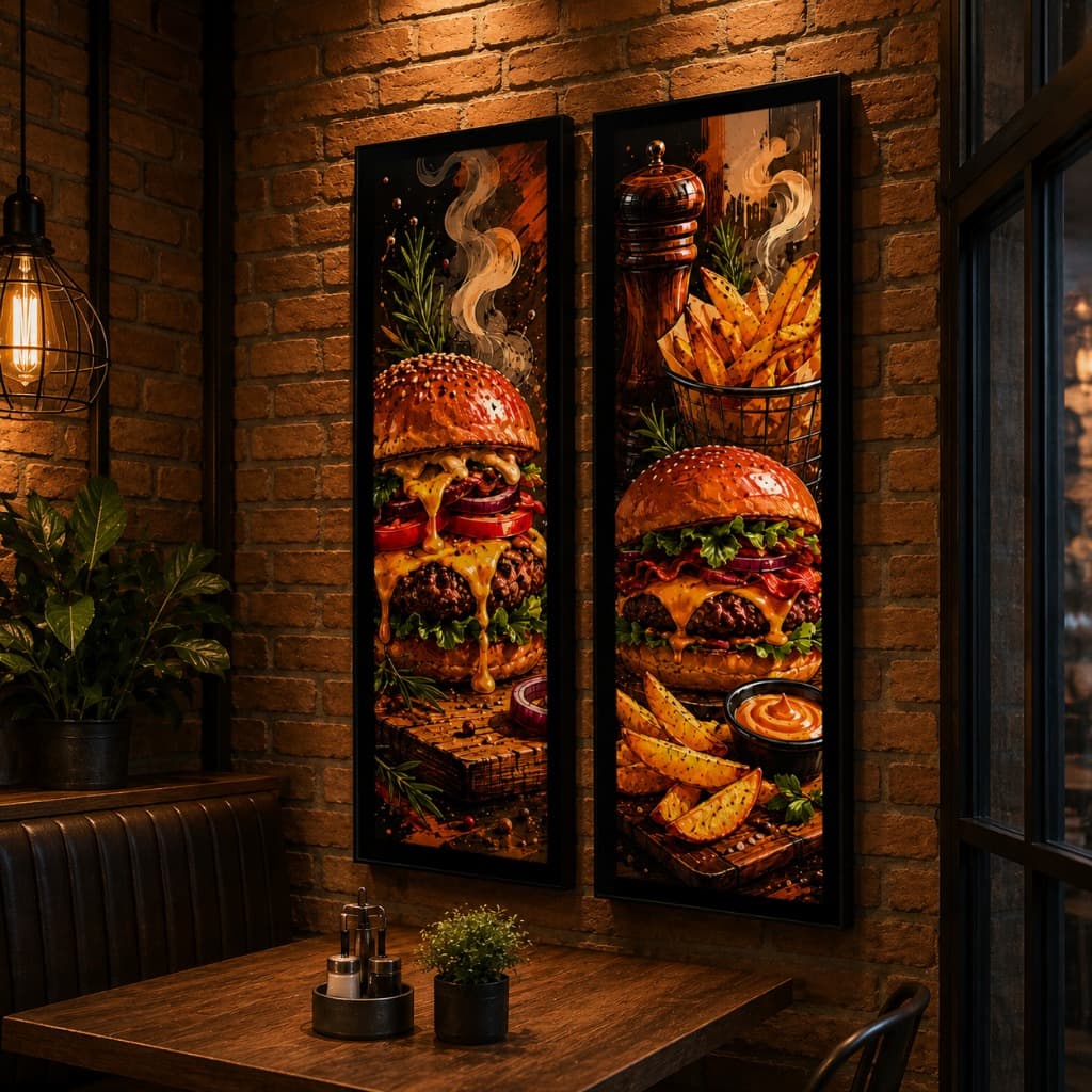 Kit 2 Quadros Decorativos Hambúrguer Gourmet Artesanal Arte Gastronômica Premium