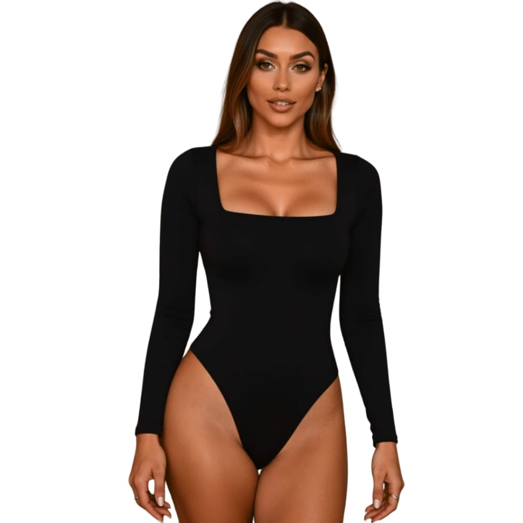 Body Manga Longa Decote Quadrado Feminino Suplex Elegante Inverno Frio