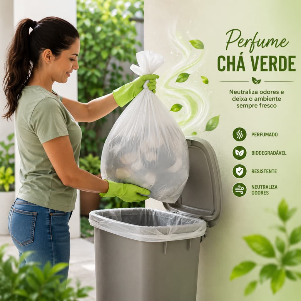 Saco Pia e Banheiro, 15 litros, 30 litros, 50 litros e 100 litros. Ante Odor Fragrância Chá Branco.