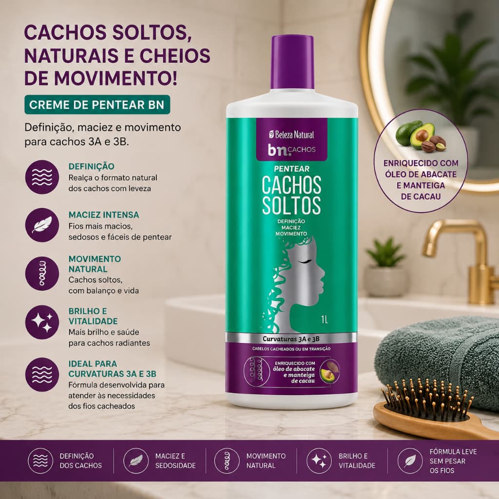 Creme de Pentear Cachos Soltos Beleza Natural bn.Cachos 1Kg para Ondulados e Cacheados 3A 3B Definição Brilho Sem Pesar