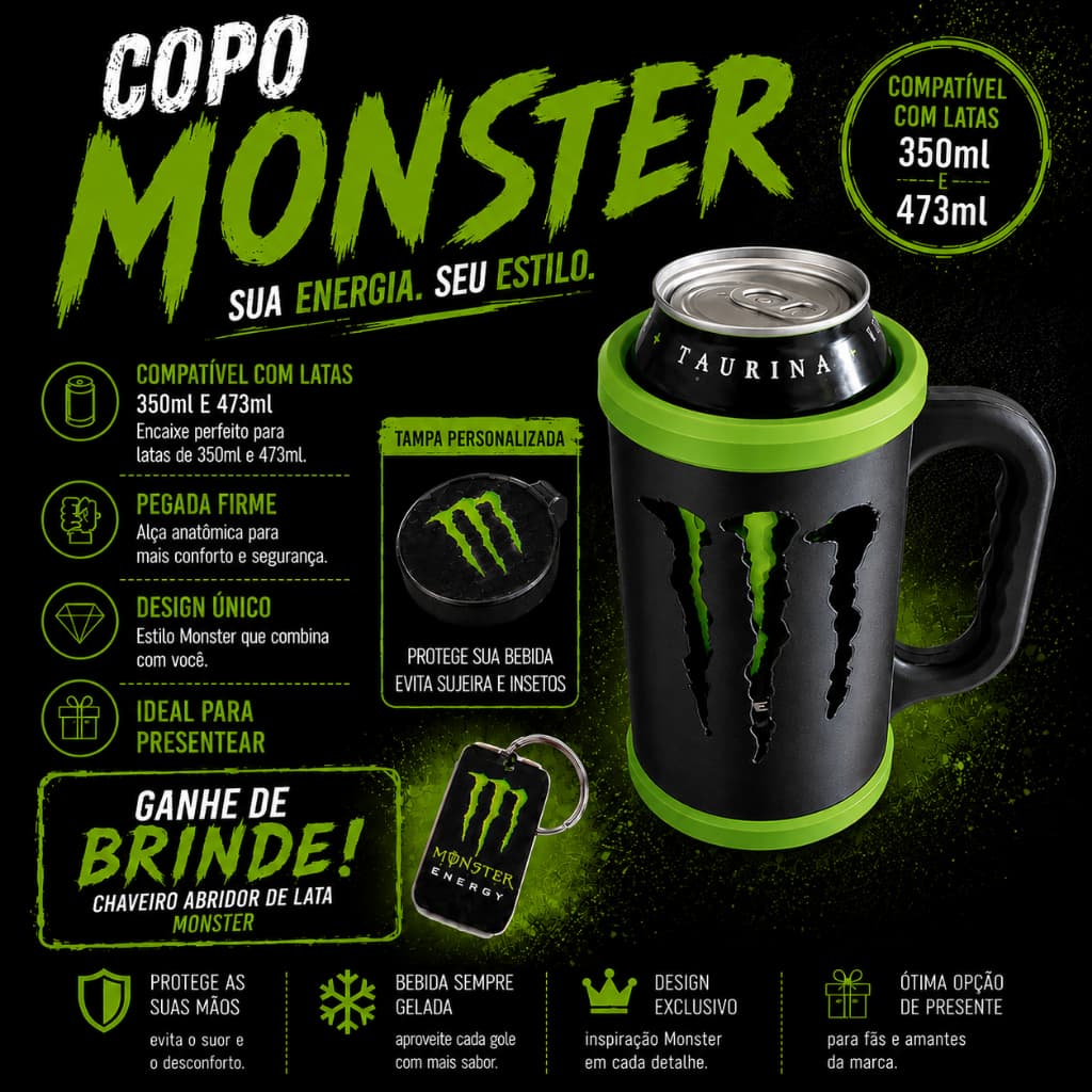 Porta Lata 350 e 473ml Estilo Energy Drink 473ml com Alça + Chaveiro Abridor + Tampa