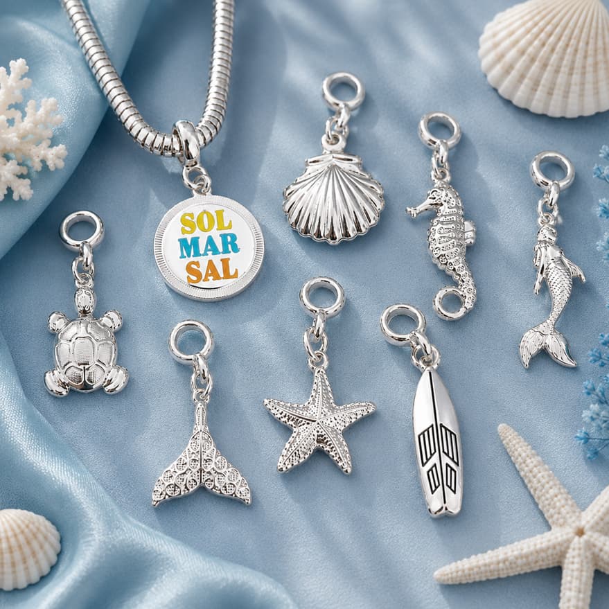 Berloque Praia Concha, Sereia, Estrela do Mar e Flamingo Sol Mar Sal Pingente para Pulseira Charm Feminina