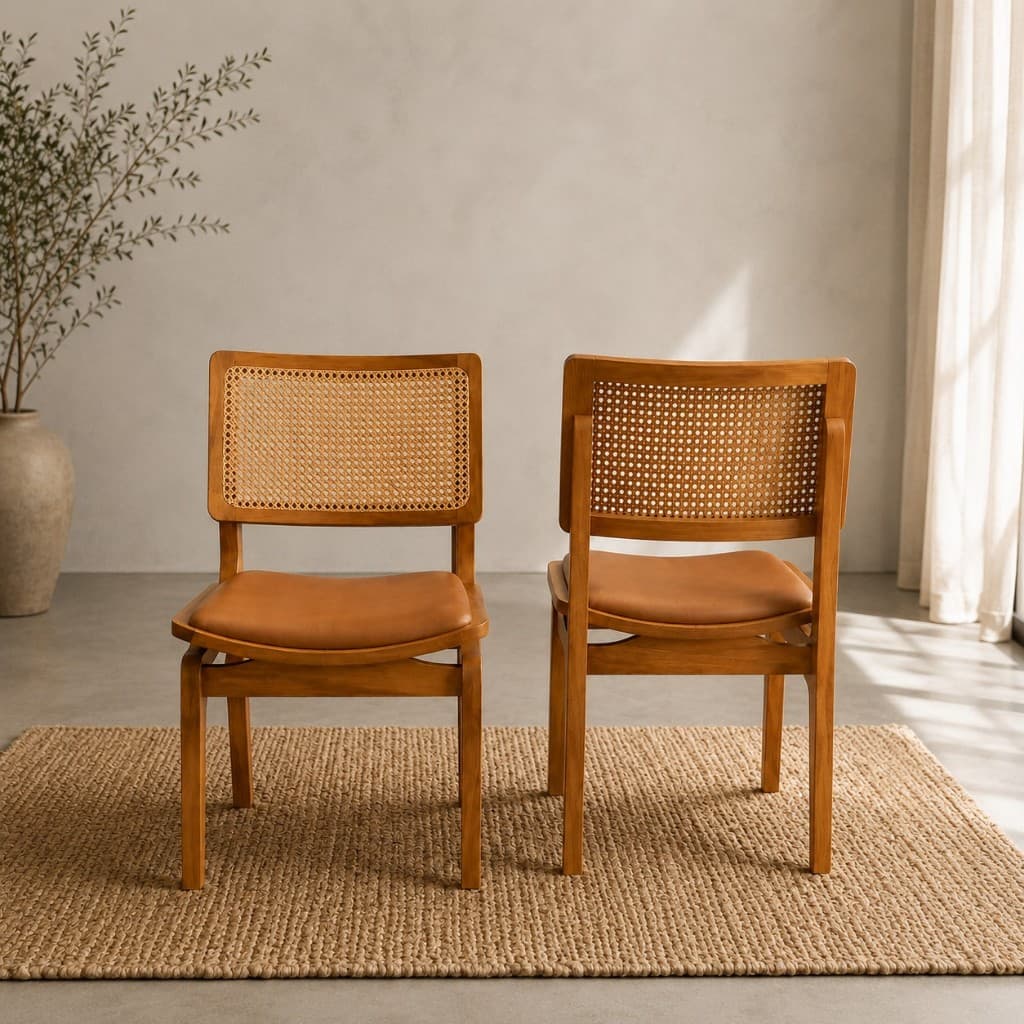 Kit 2 Cadeiras Jantar Em Madeira Maciça Estofado Assento Caramelo Preto Linho Encosto Em Tela Rattan