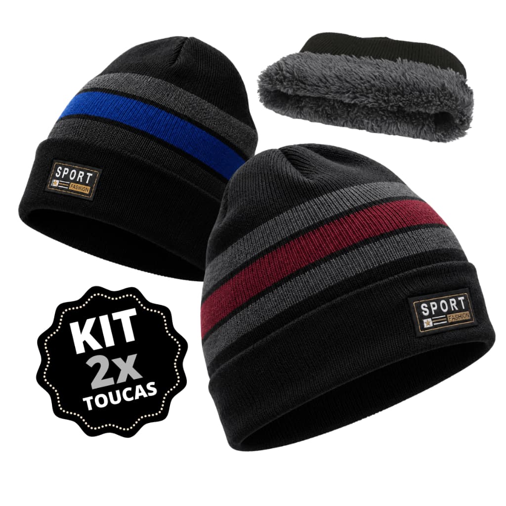 Touca Gorro de frio Kit 2 Unidades Masculina Forrada Lã Poliéster Adulto Touca Forrada Quente Adulta