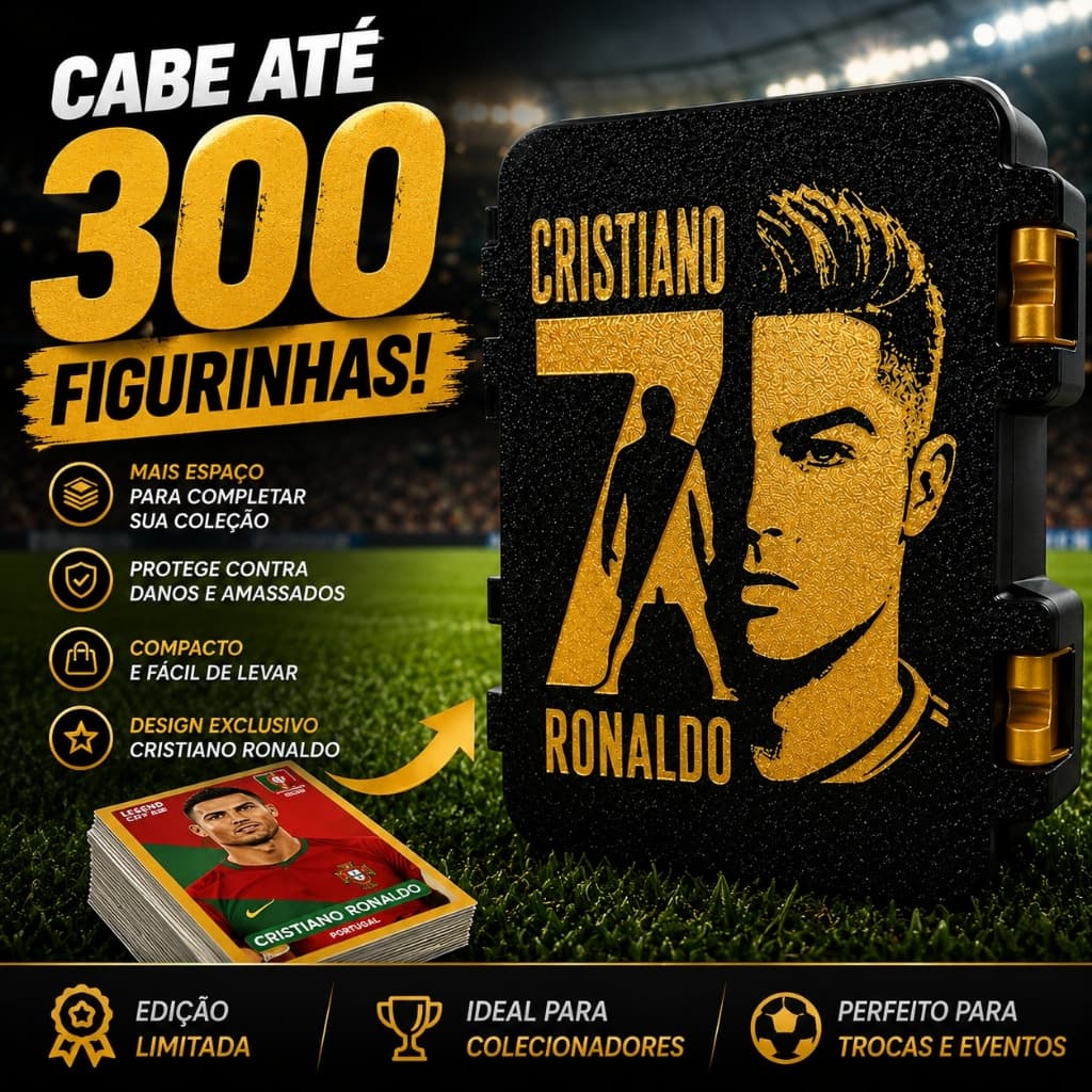 Porta Caixa Figurinhas Futebol CR7 Preto e Dourado ✨