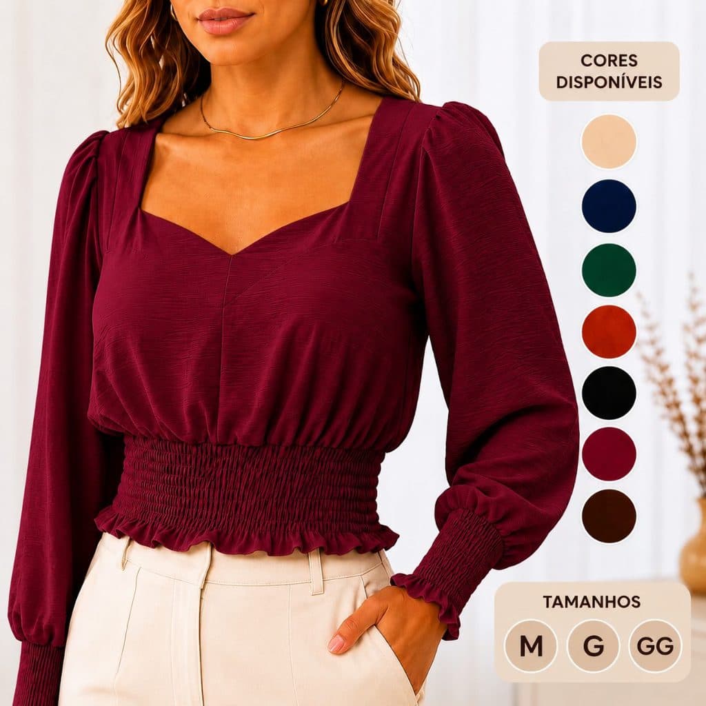 Blusa feminina manga princesa elegante tecido duna moda 2026
