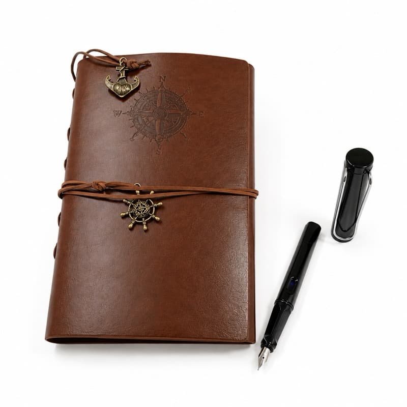 Kit Caderno Vintage em Couro A5 Fichário + Caneta Tinteiro Luxo Com Tinta
