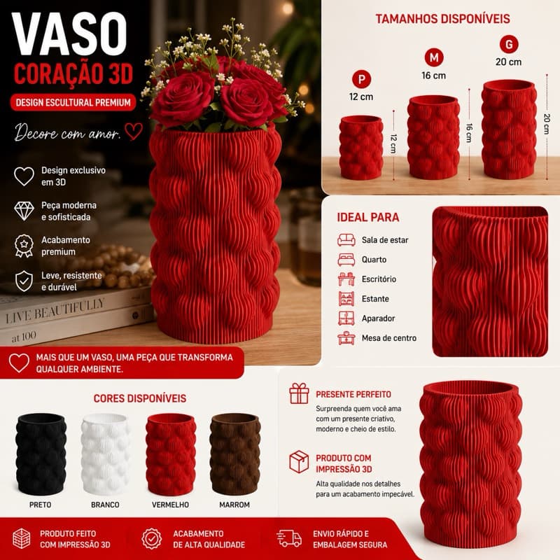 ❤️ Vaso Escultural Coração 3D Premium