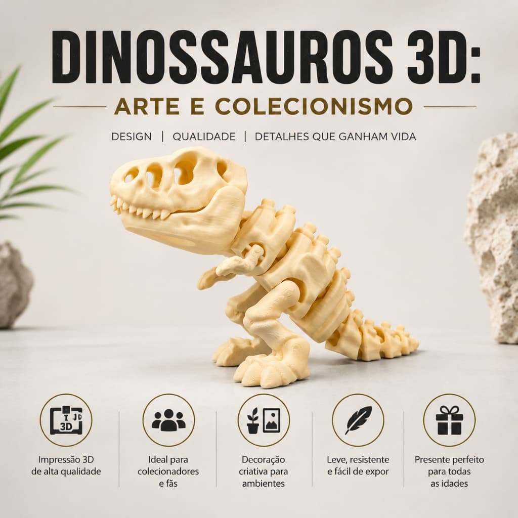Esqueleto Dinossauro Articulado T-Rex Colecionável em Impressão 3D