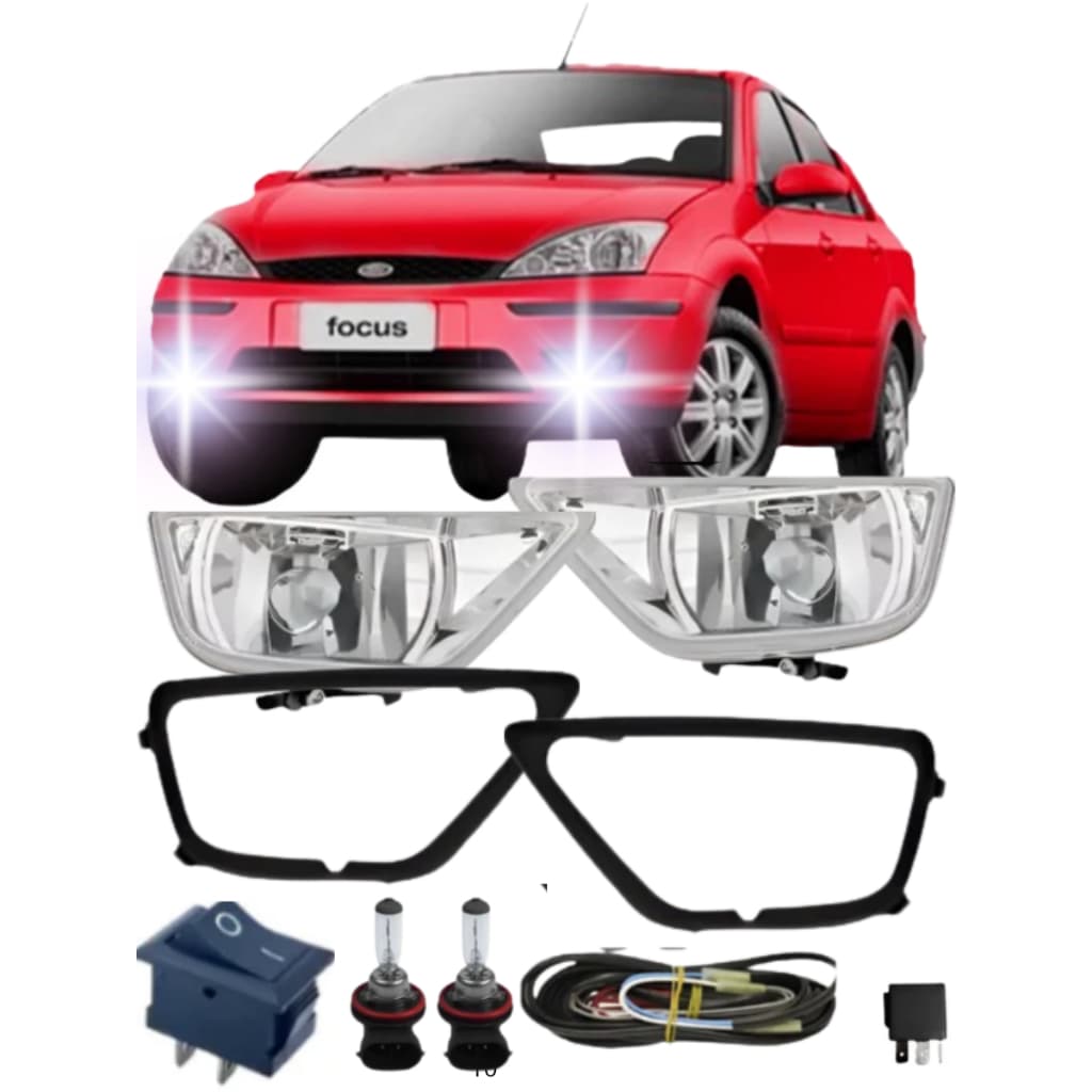 KIT DE FAROL MILHA AUXILIAR FAROLETE FOCUS SEDAN COM LAMPADA HALOGENAS + FAROL LENTE DE VIDRO 2004 2008