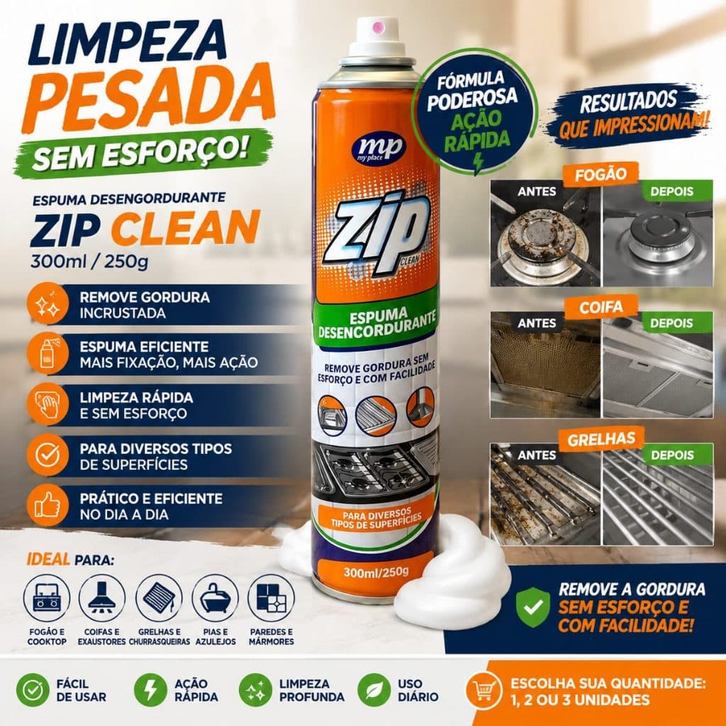 Espuma Desengordurante Zip Clean Spray 300ml Limpa Fogão Coifa Azulejo Tira Gordura Limpeza Pesada