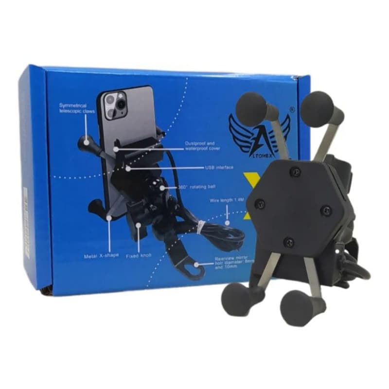 Suporte De Celular Garra Moto Com Carregador USB Garra Em X Tomex C-020 Universal