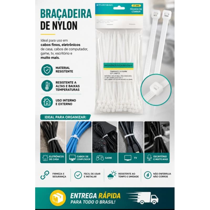 Braçadeira de Nylon 2,5x150mm Branca com 100 Peças Enforca Gato Organizador de Cabos Alta Resistência