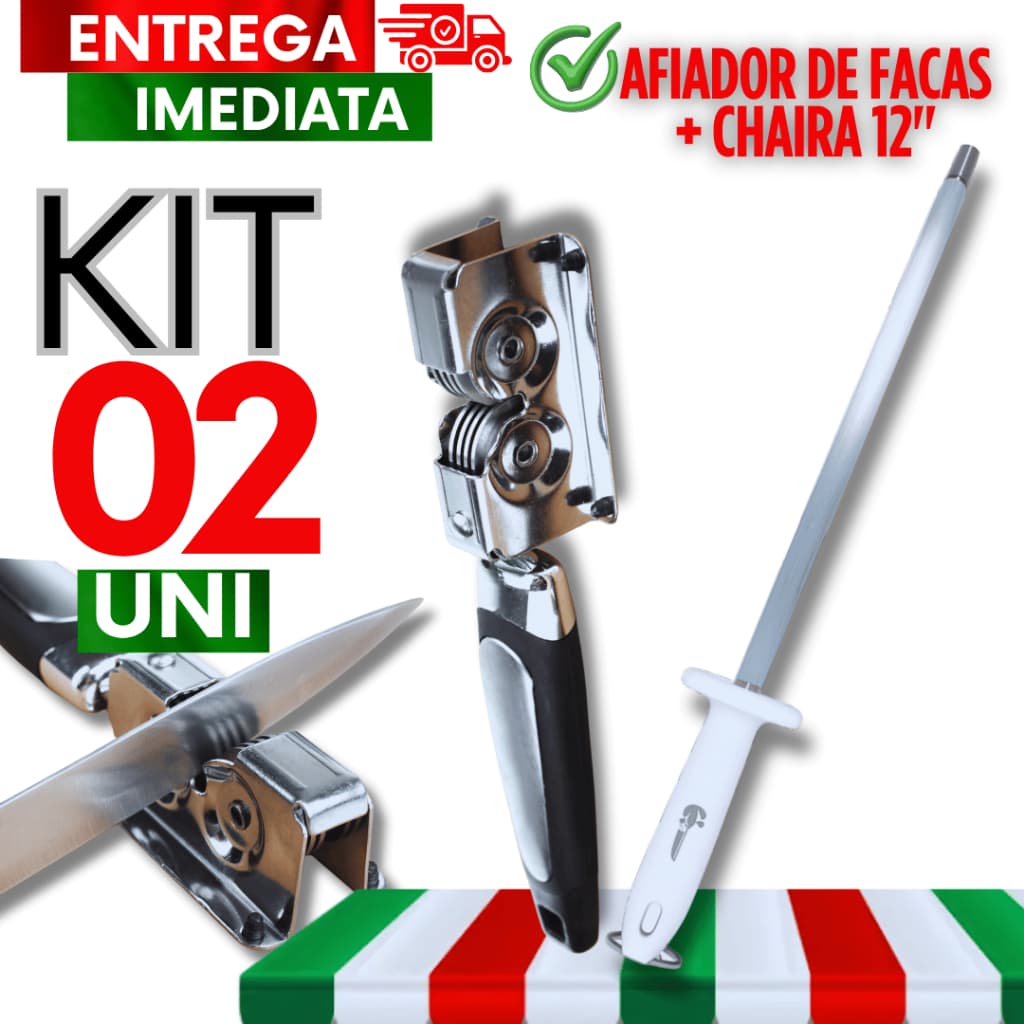 Jogo Chairas Profissional Aço Carbono + Amolador De Facas Inox Cozinha Restaurante Açougue Premium