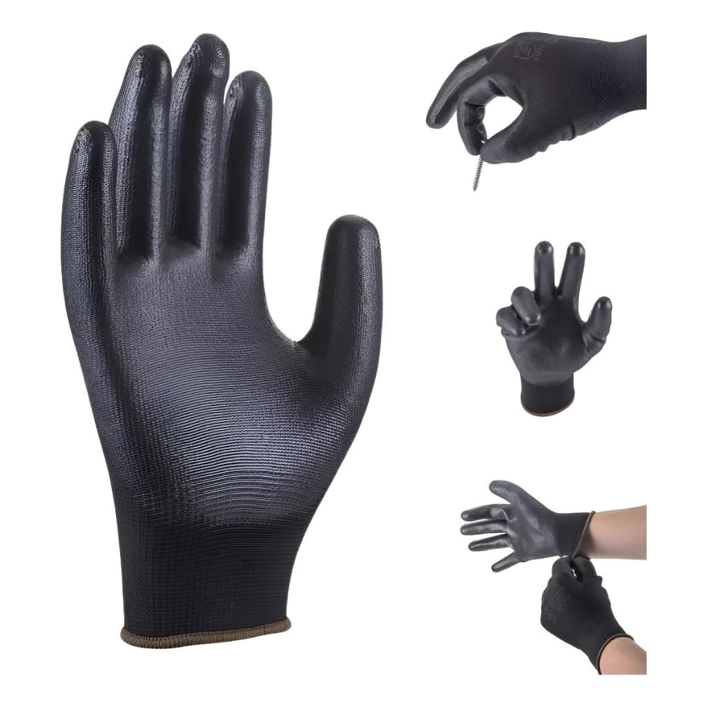 Kit 12 Luva De Segurança Multitato Tatil Banhada Luva Pu Black P M G GG Mecanico Pedreiro Eletricist