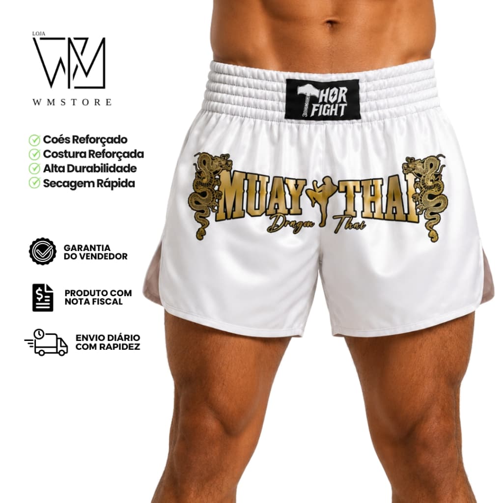 Short Muay Thai Unissex Branco Dragon Thai Profissional Kickboxing MMA Premium Envio Rápido