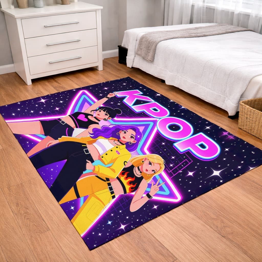 TAPETE DECORATIVO INFANTIL GUERREIRAS DO KPOP HUNTRIX AVELUDADO TAMANHO 130X100