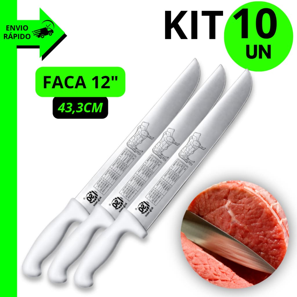 Kit 10/8/7/6 Unidades Faca de Carne Profissional 12 Polegadas Aço Inox Cabo Anatômico Resistente