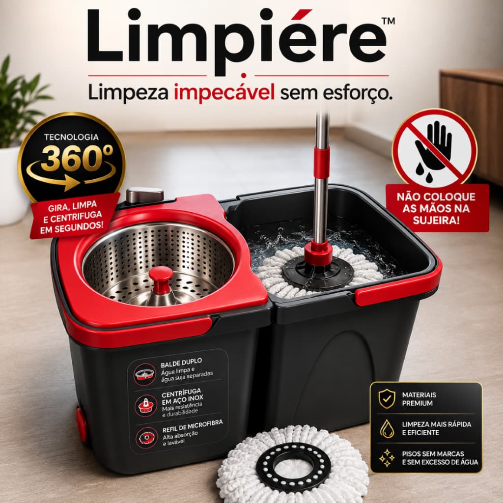 Mop Giratório 360° Limpiére™ Balde Duplo 13L Centrífuga Inox Esfregão Microfibra Limpeza Sem Esforço