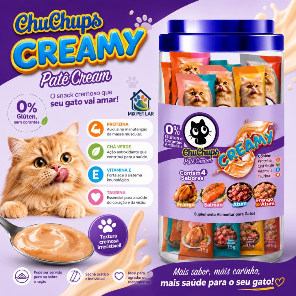CHUCHUPS PATÊ CREAMY PETISCO CREMOSO PARA GATOS 24 UNIDADES 0% GLUTÉN SEM CORANTES SABORES VARIADOS