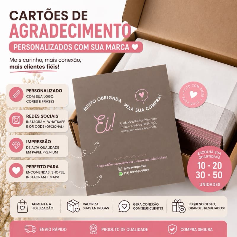 Cartão de Agradecimento para Clientes Personalizado | Encomendas Shopee, Instagram e Empresas