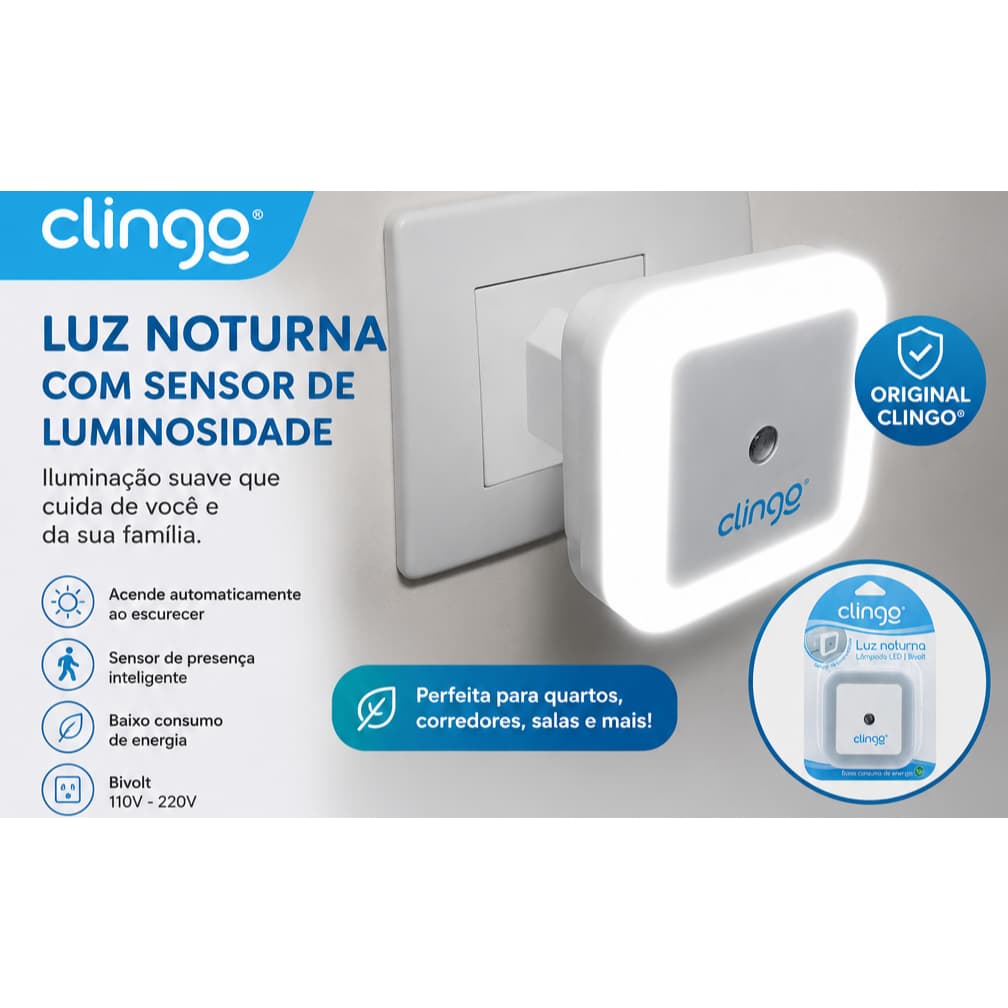 Luz Noturna LED Clingo Com Sensor de Luminosidade Bivolt Automática para Quarto Corredor Bebê