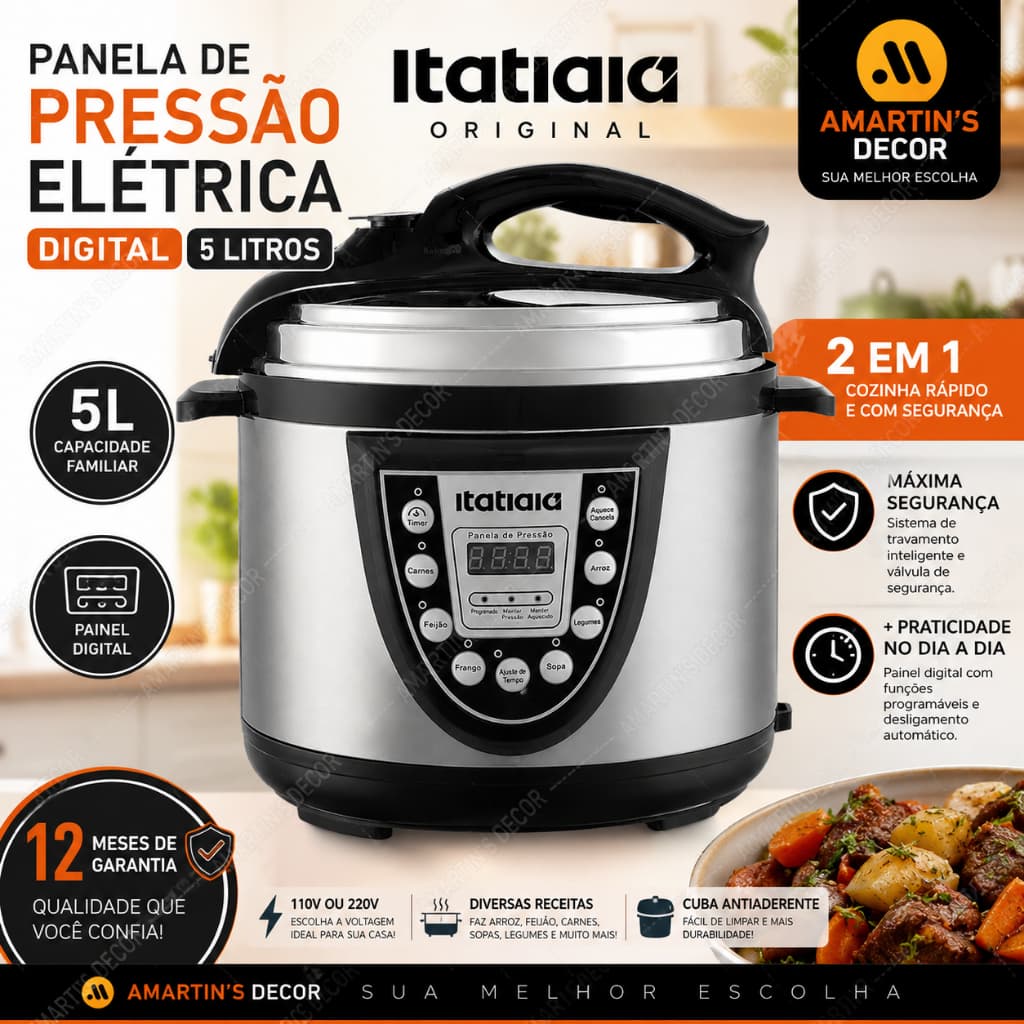 Panela de Pressão Elétrica Digital Itatiaia 5L Inox Multifuncional Programável Original