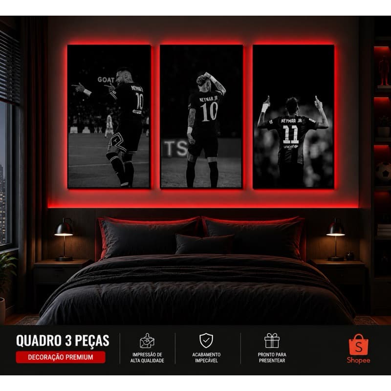 Quadro Decorativo 3 Peças Neymar Preto e Branco | TMDEC