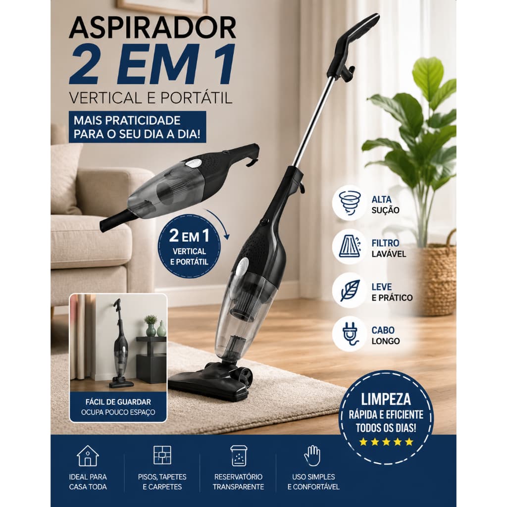 Aspirador Pó Elétrico Portátil 2 Em 1 Fio 220V Vertical Potente Leve