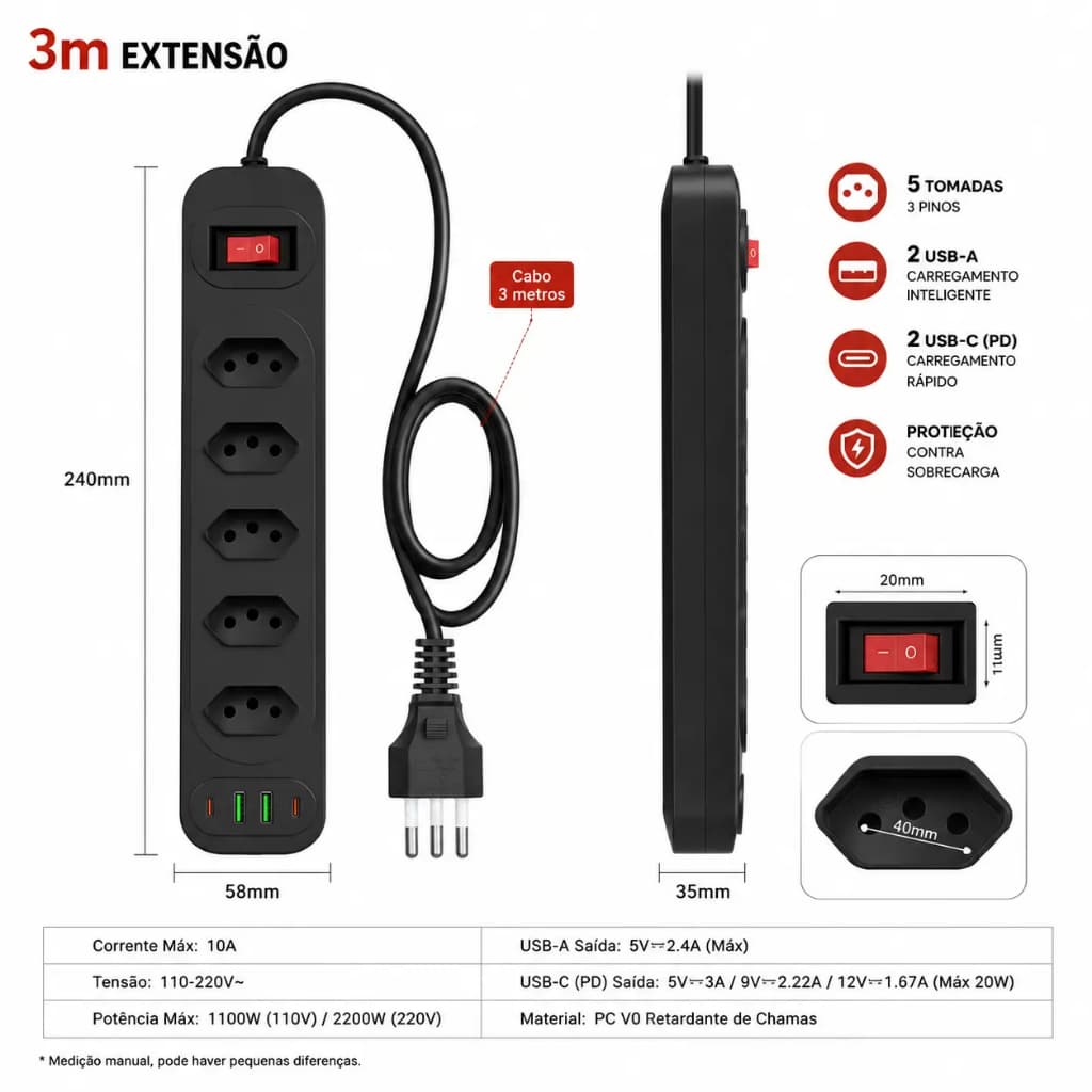 Filtro de Linha Kapaom 5 Tomadas + 2 USB + 2 Type-C | 3m | 110v/220v | Proteção Total