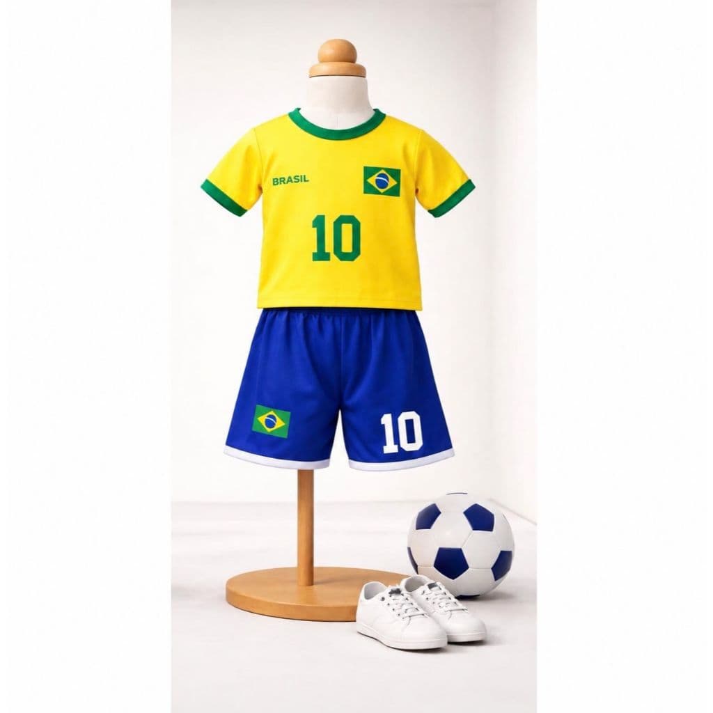 Conjunto Brasil Infantil Unissex Copa Camisa+Short Futebol 2 a 8 Uniforme Torcedor Seleção Canarinho
