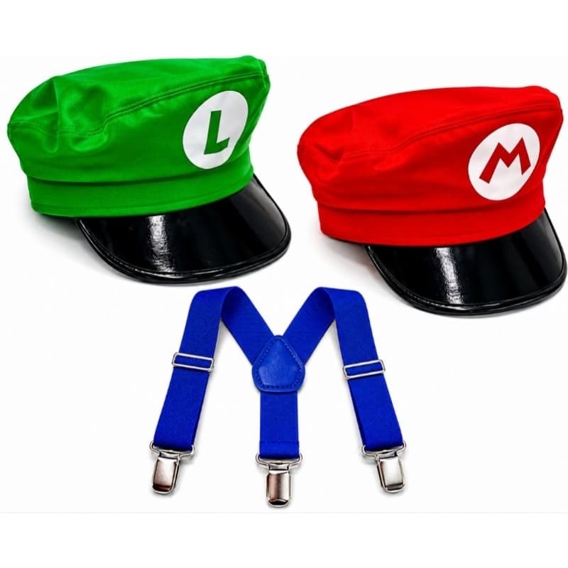 Fantasia Mario Luigi Kit Quepe e Suspensório Festa Cosplay Carnaval Aniversário