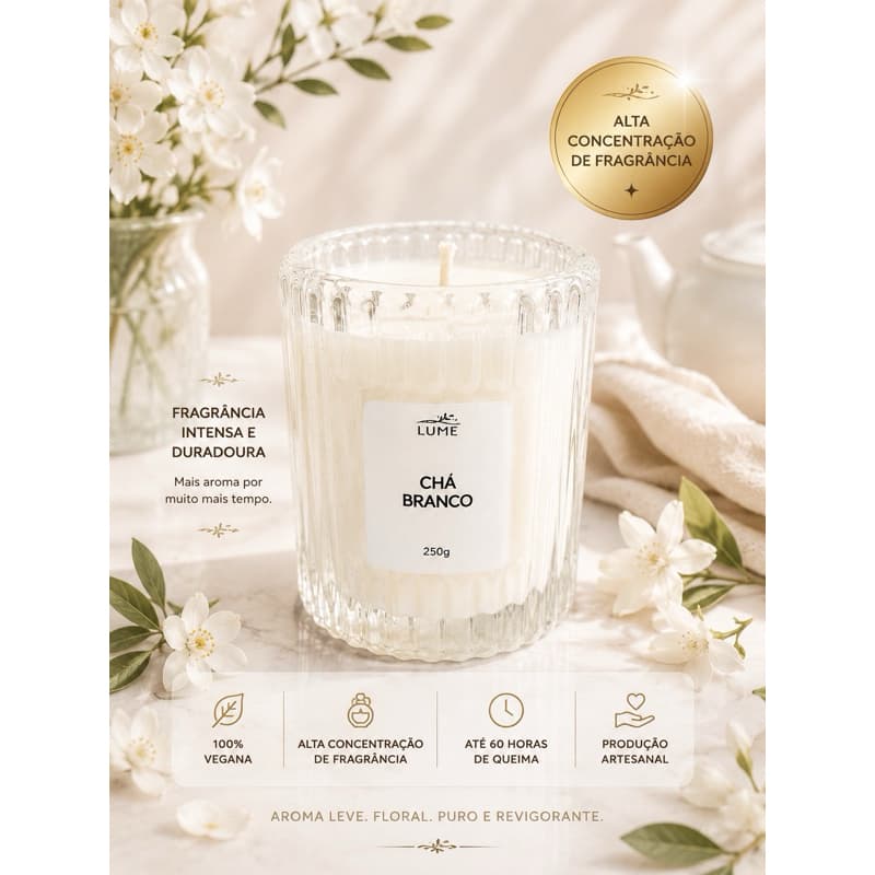 Vela Aromática Premium 250g | FRAGRÂNCIA INTENSA | Chá Branco, Jasmim, Flor de Laranjeira e Morango Cremoso