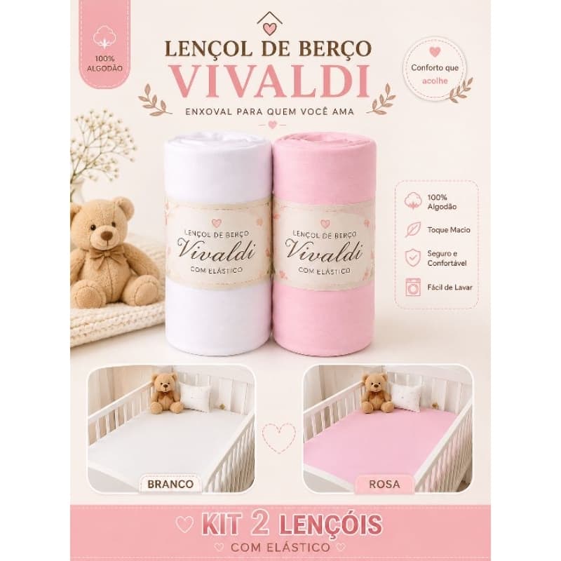 kit 2 lençóis de berço  com elástico 100% Algodão 1.30x 70cm para colchão  de Berço Americano