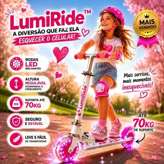 Patinete Infantil Feminino Rosa/Azul Rodas LED Altura Regulável Ajustável Seguro e Resistente LumiRide