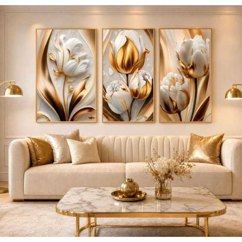 Quadros Decorativos Quarto Sala Flor Tulipa Branca Dourada Ouro Trio 3 Peças
