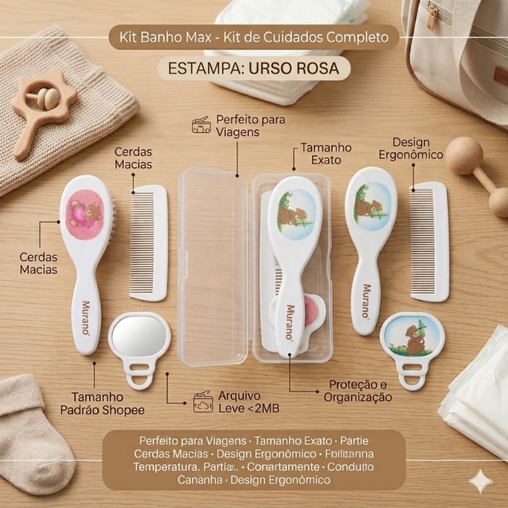 Kit Escova E Pente Bebê Com Estojo Multiuso Transparente Prático Para Viagem Bolsa Maternidade