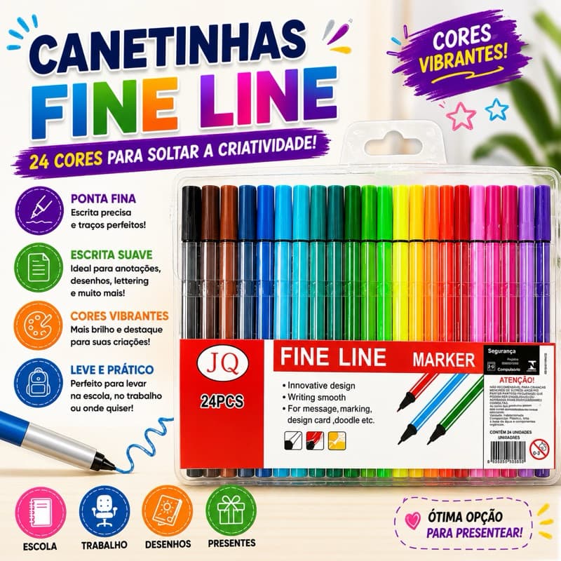 Kit Canetinhas Fine Line 24 Cores Ponta Fina Coloridas Desenho Lettering Escola Estudo