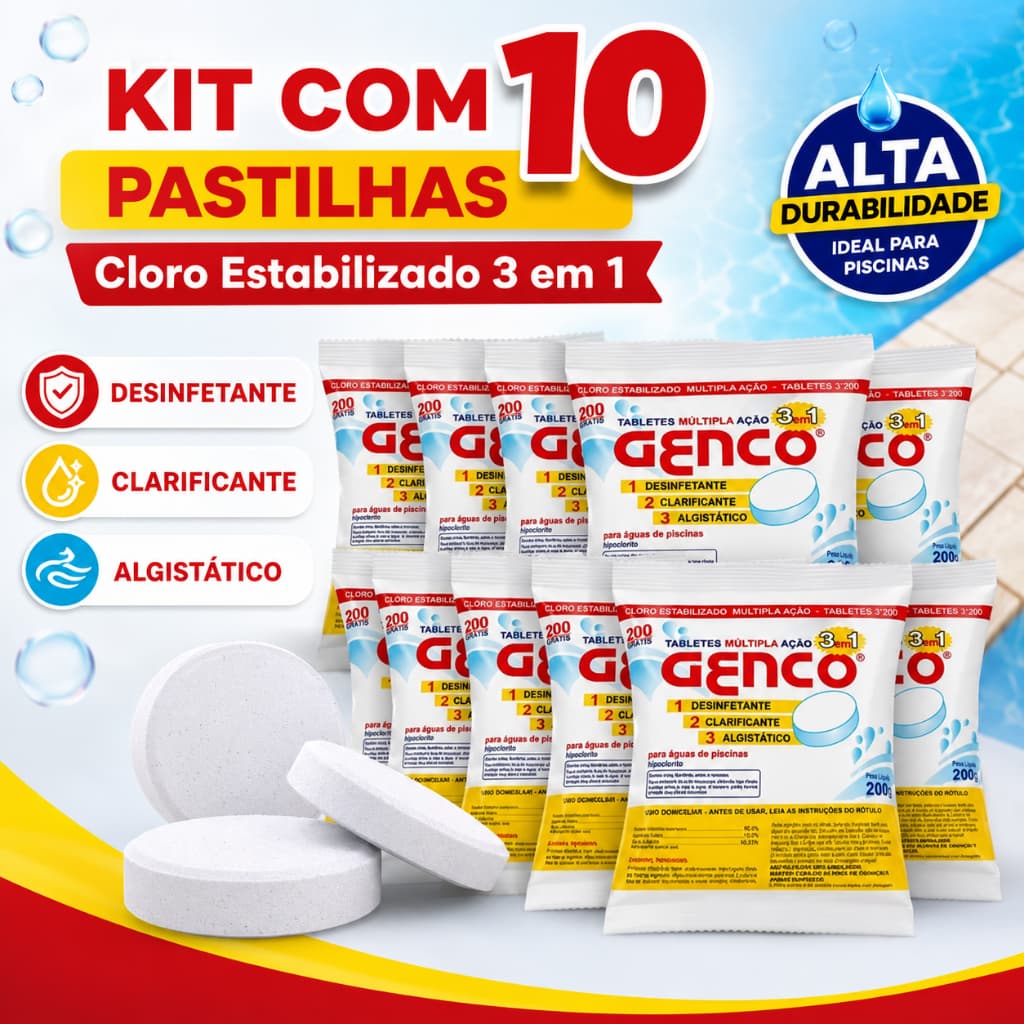 Kit 10 Pastilhas De Cloro Genco Tratamento Piscina Água Cristalina