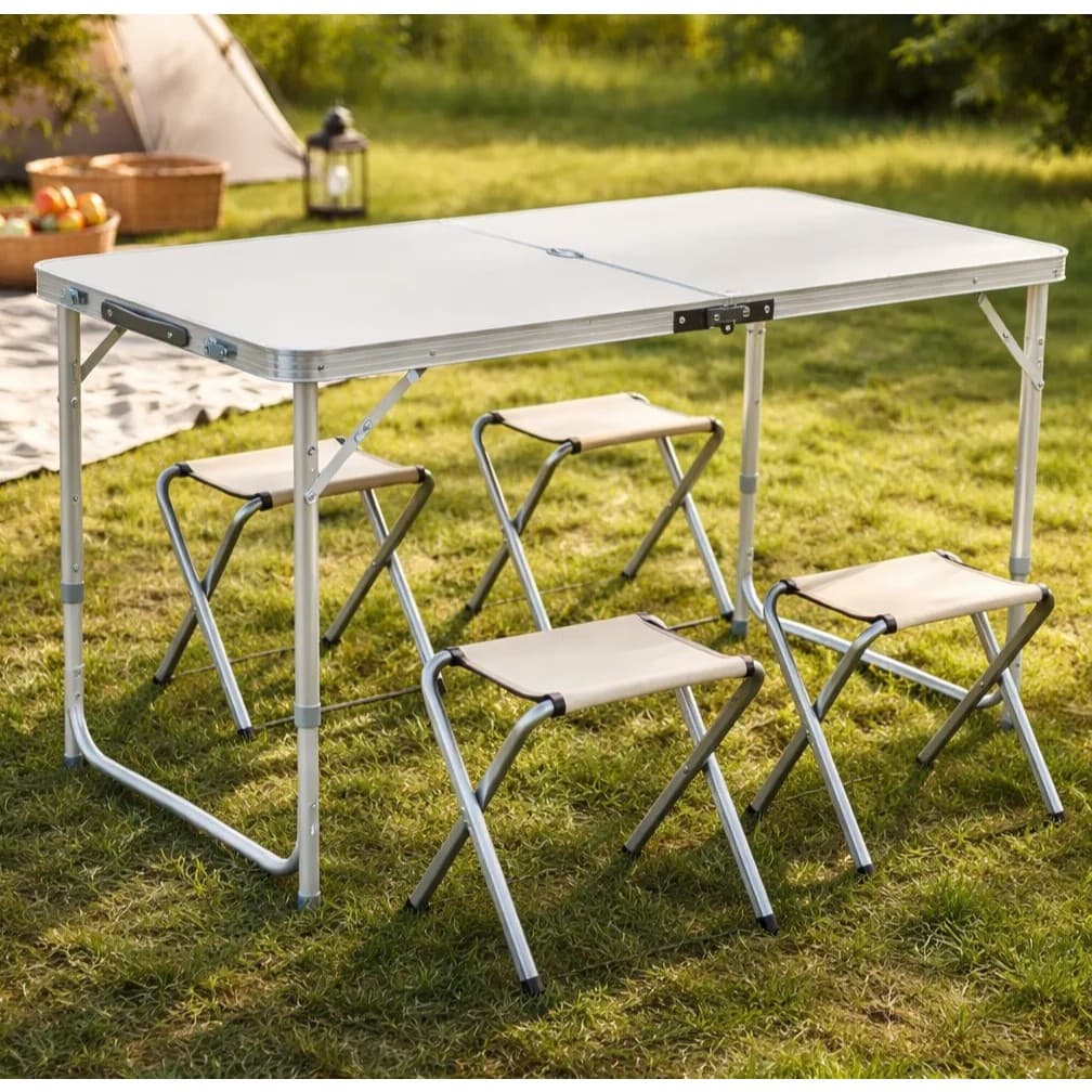Mesa Dobravel 120 x 60 cm com 4 bancos  Vira Maleta com Alça Casa Camping Jardim Festa Pesca Eventos Branca Portátil