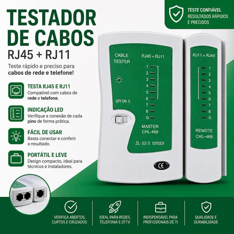 Testador de Cabos de Rede RJ45 RJ11 com Unidade Remota