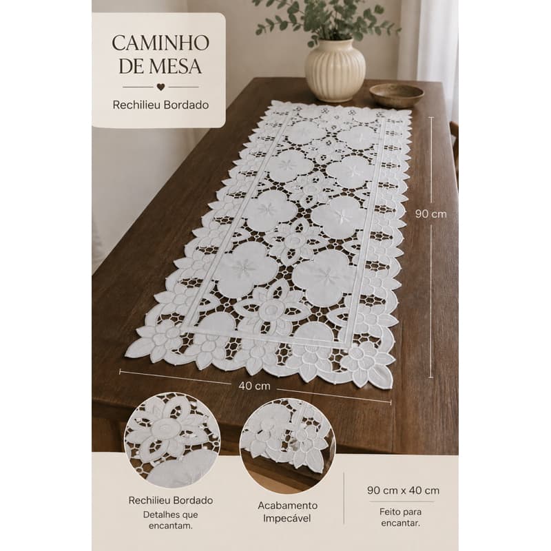Caminho de Mesa Rechilieu Bordado 90x40 Luxo Decorativo Diversas Core