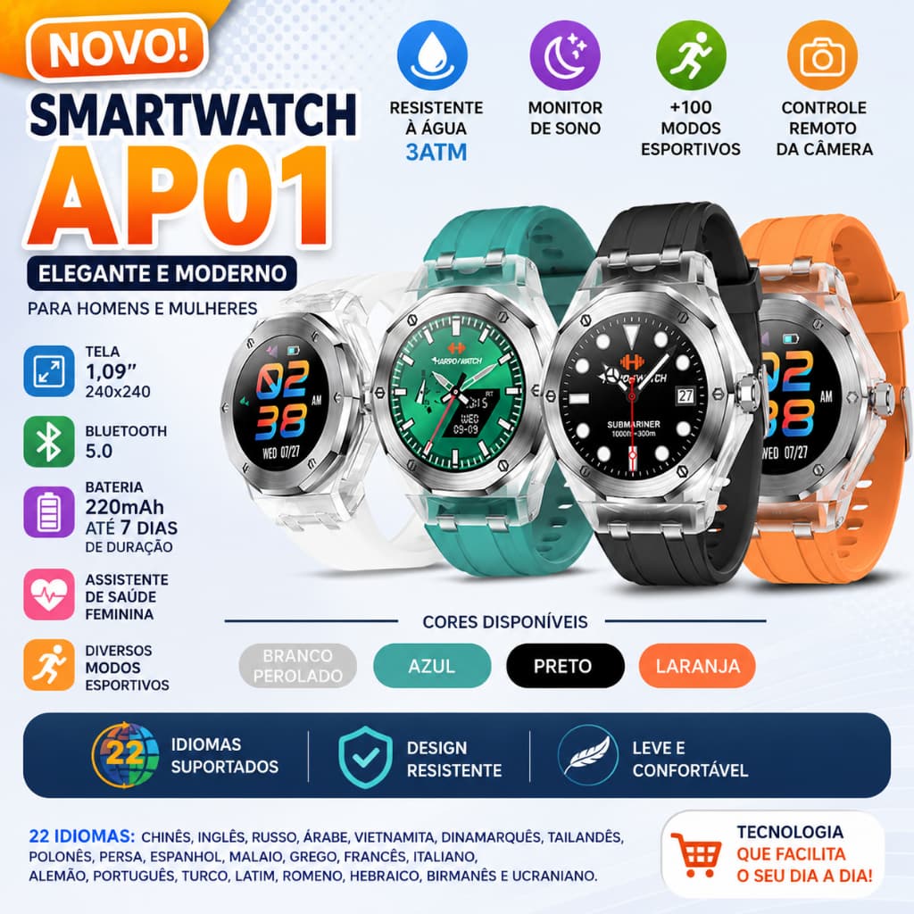 Smartwatch Bluetooth 3ATM Relógio Inteligente Monitor Sono Chamadas Esportivo Mascul