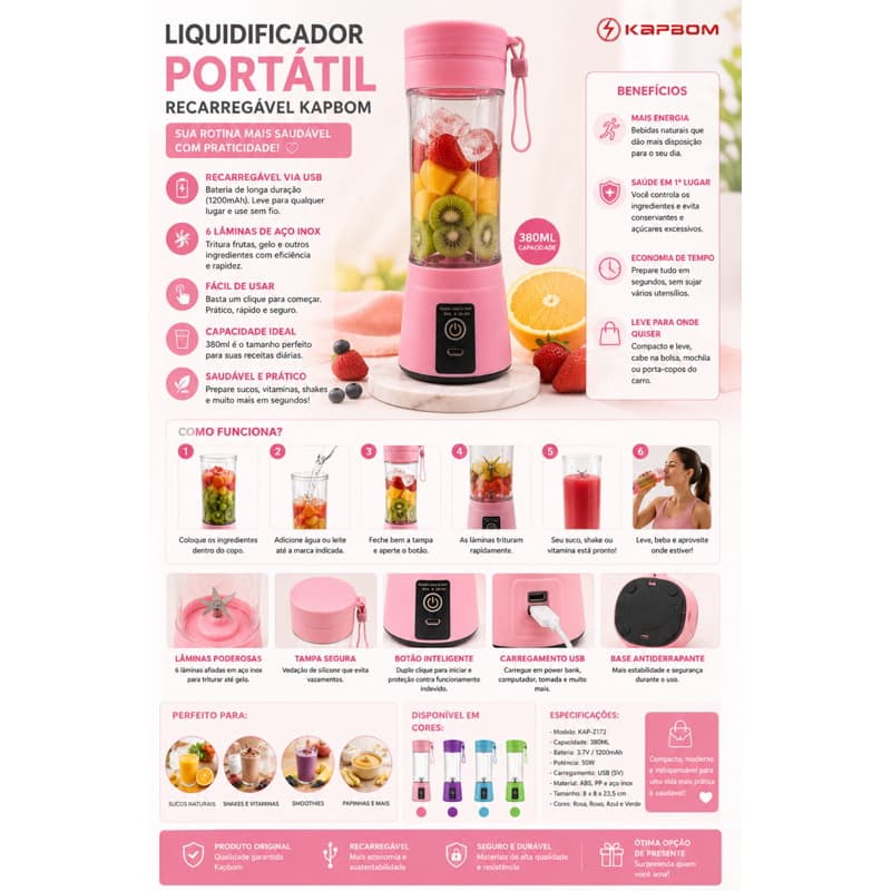 Mini Liquidificador Portátil Shake com 6 Lâminas KAP-Z172