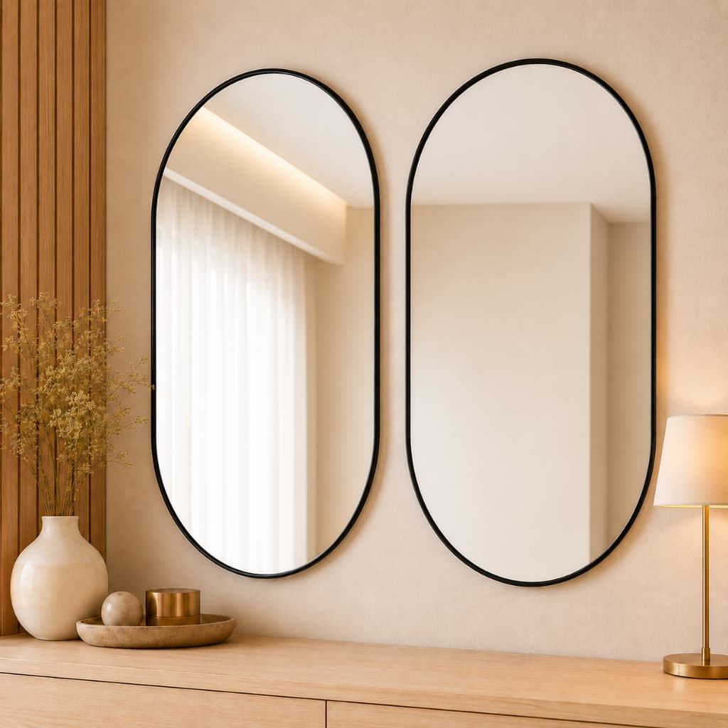Kit 2 Espelhos Orgânicos Oval Decorativo Moldura Couro Ecológico Banheiro Quarto Sala Moderno Hall
