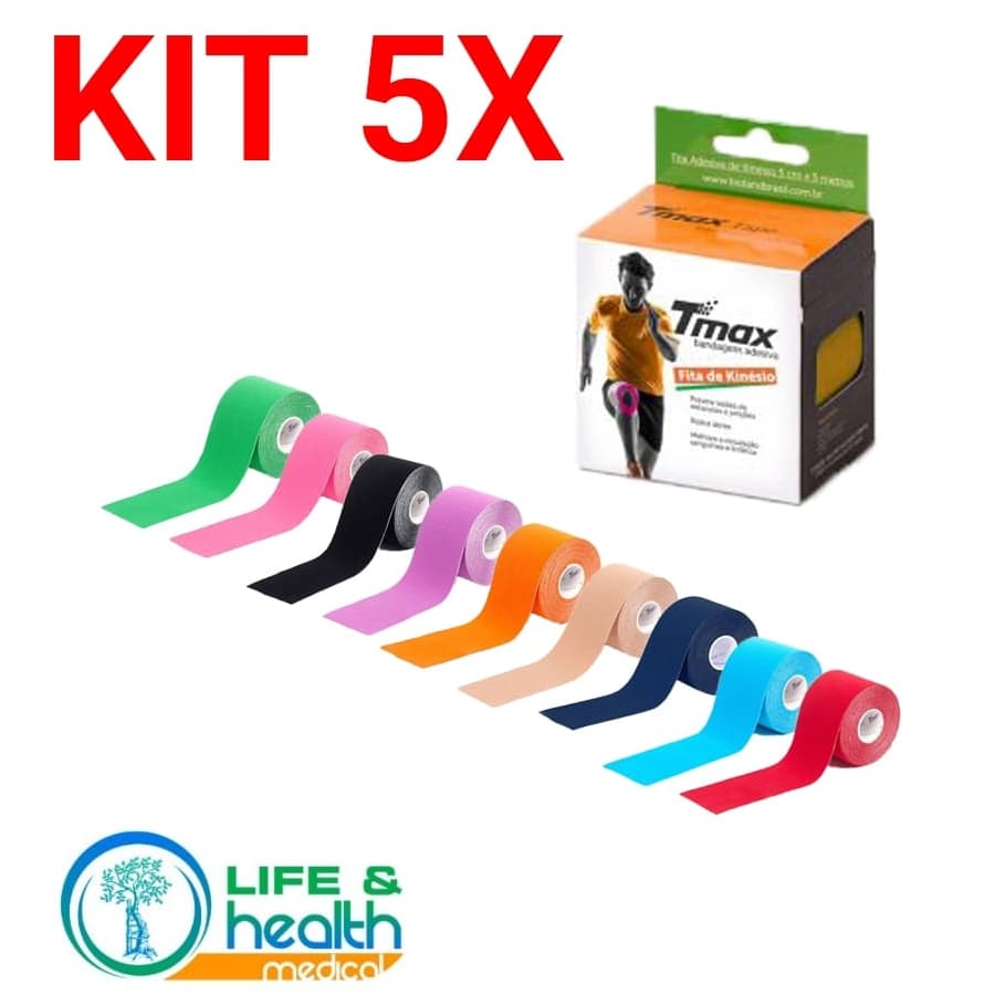 KIT 5X (CINCO) Fitas Kinesio Tmax Bandagem Elástica Terapêutica 5 Cm X 5m Bege ou (DIVERSIFICADAS) Original