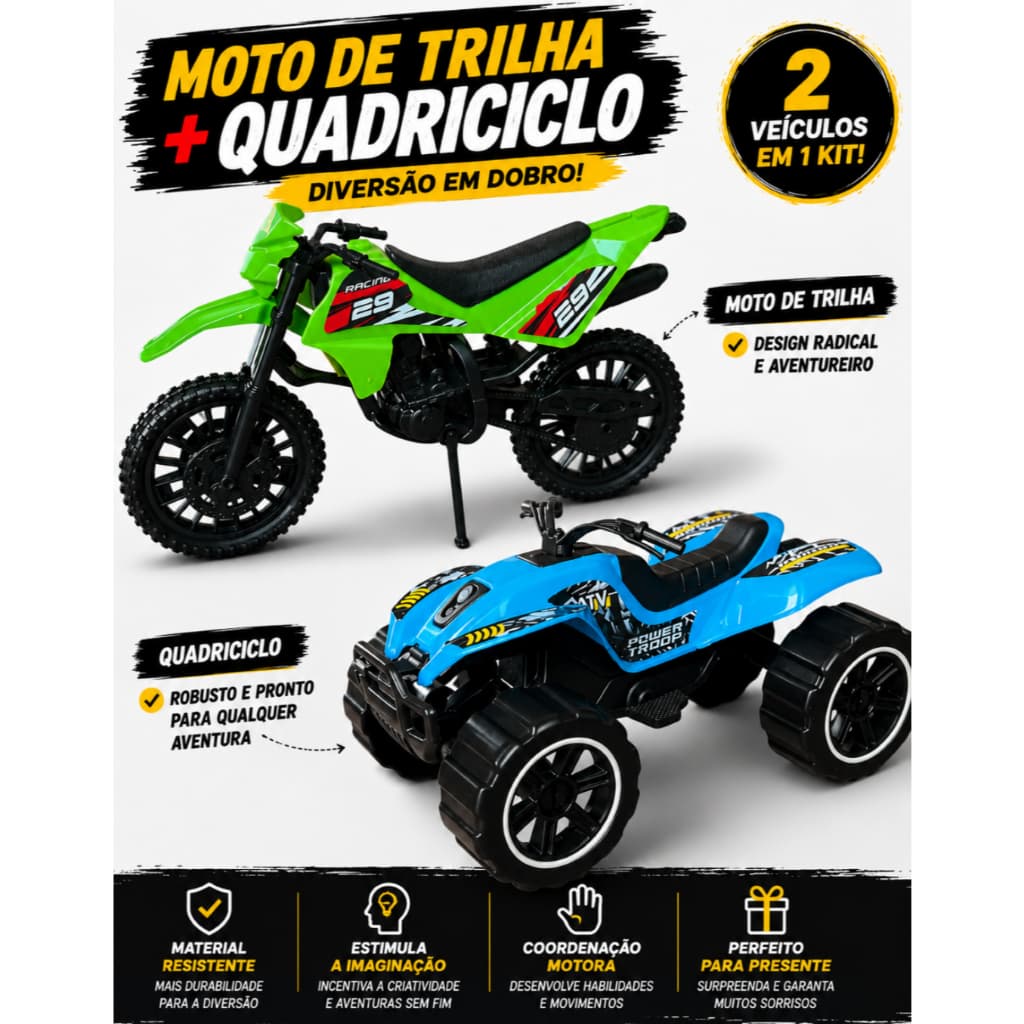 Kit Brinquedo Menino Moto de Trilha Motocross + Super Quadriciclo Material Resistente e Divertido