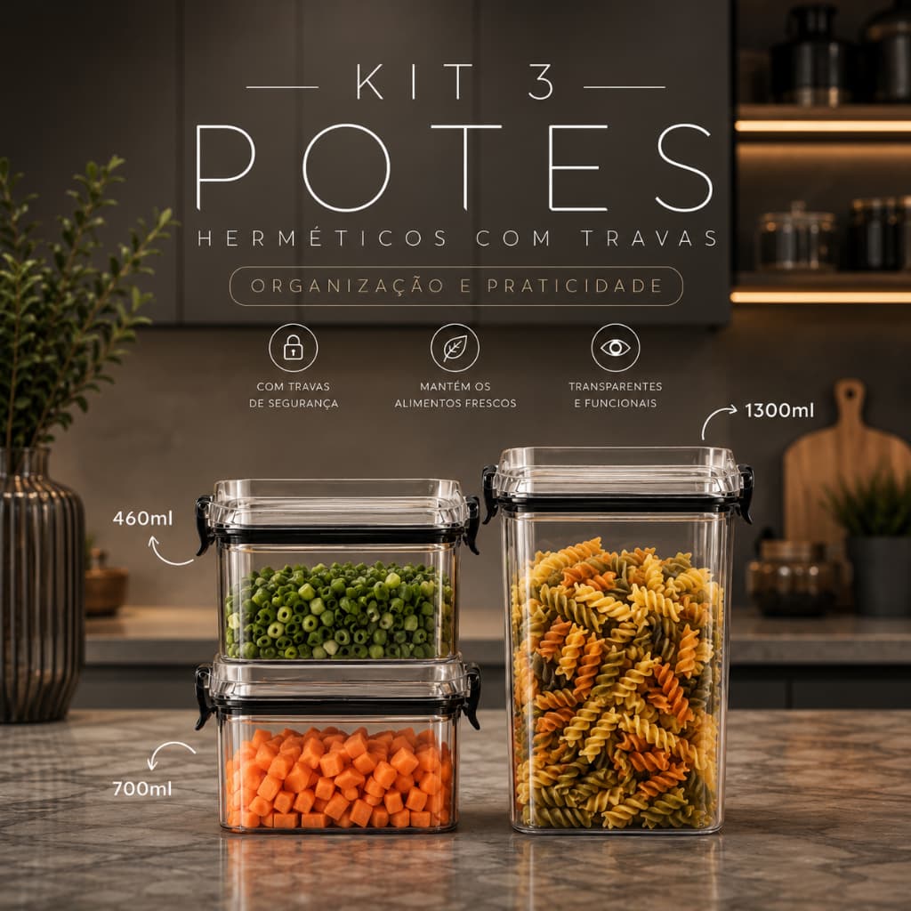 Kit 3 Potes Herméticos Acrílico Organiza Alimentos para Famílias Práticas  Perfeito para Cozinha e Armários Planejados