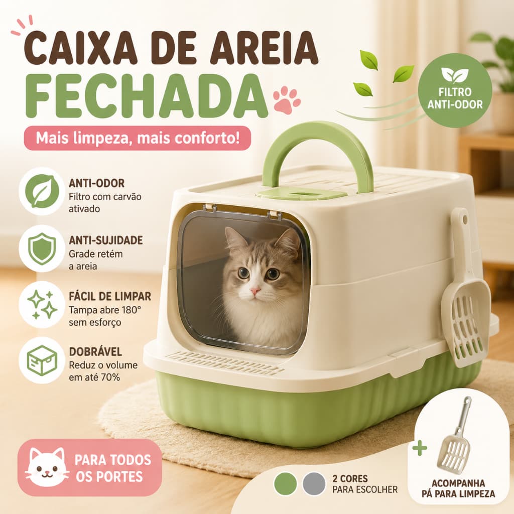 Caixa de Areia Fechada Para Gatos Banheiro Higiênico Luxo + Pá e Filtro Anti Odor