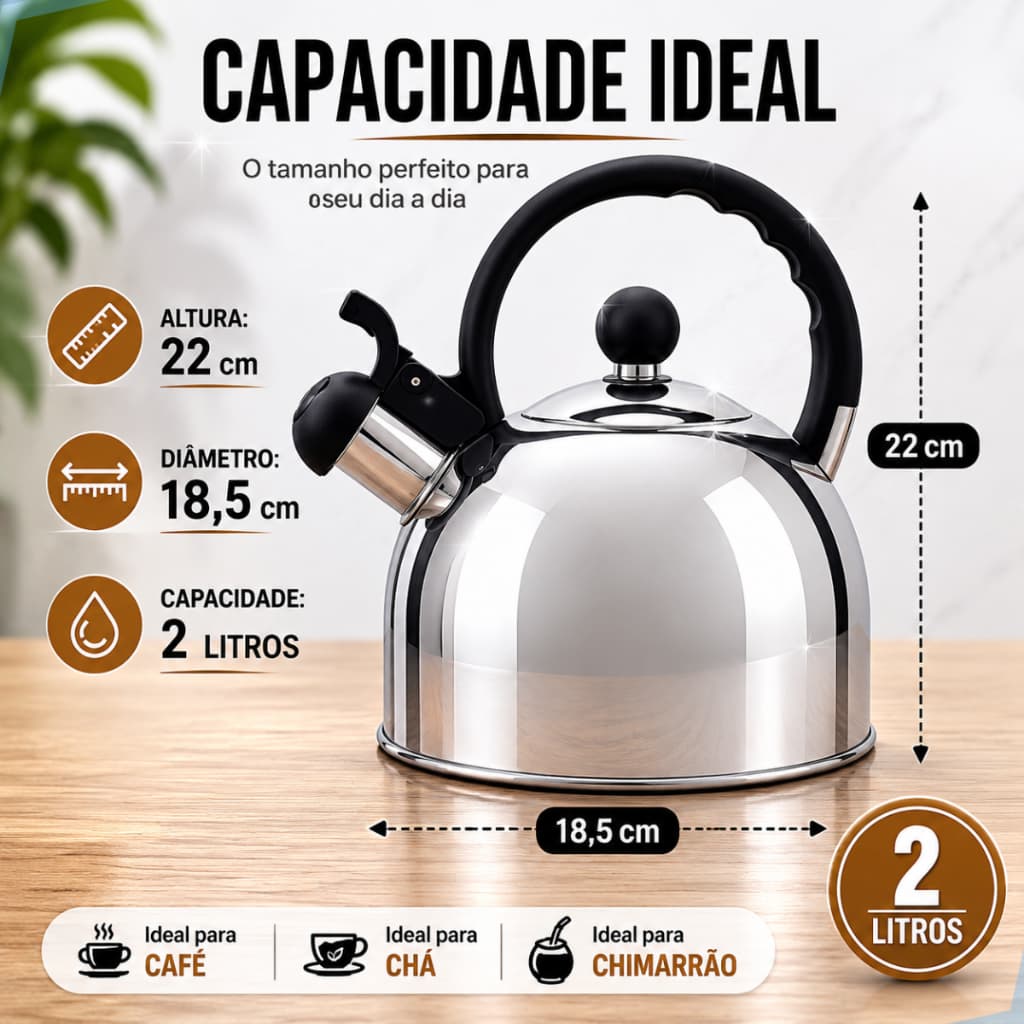 Chaleira Inox Com Apito 2 Litros Cabo Antitérmico  Café Chá Chimarrão Bebidas quentes casa cozinha
